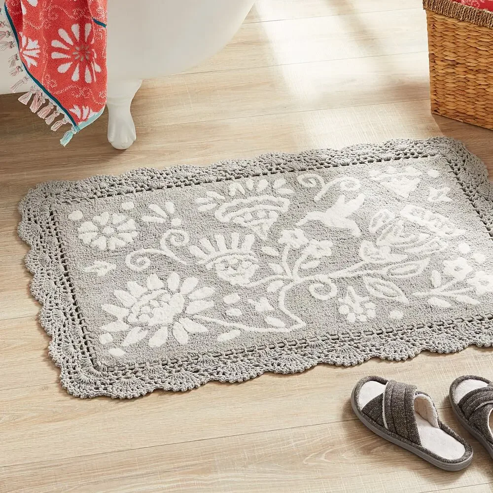 The Pioneer Woman Mazie Two-Color Floral Crochet Soft Silver Cotton Bath Rug NWT